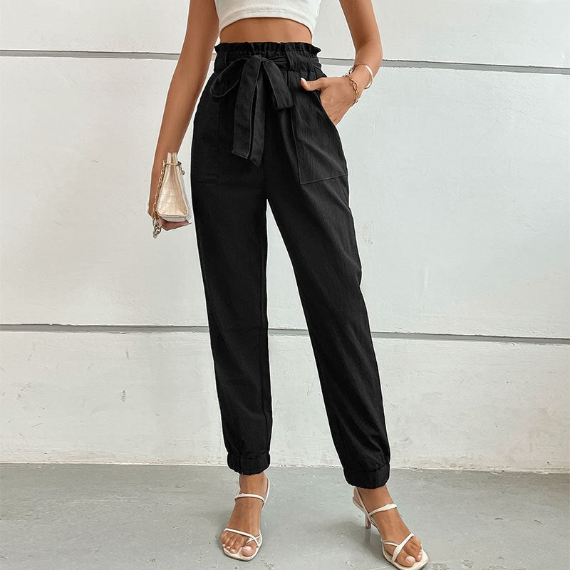Ulla | Women's Elastic Waist Tie Belt Belted Dress Pants in Black