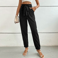 Ulla | Women's Elastic Waist Tie Belt Belted Dress Pants in Black