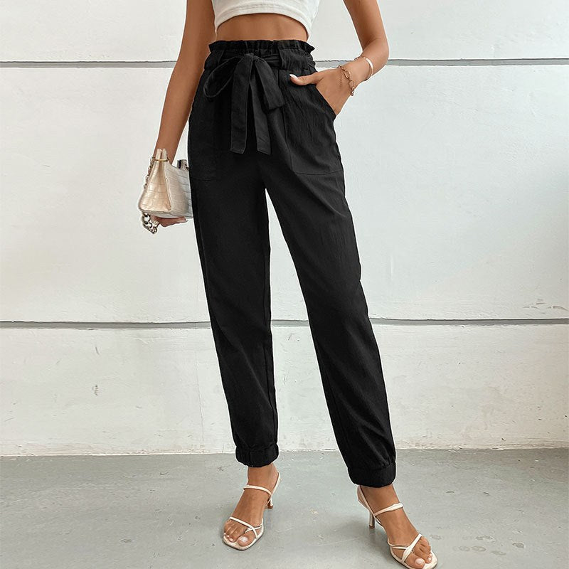 Ulla | Women's Elastic Waist Tie Belt Belted Dress Pants in Black