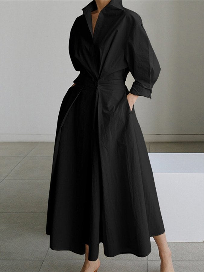 Ulla | Women's Collared Long Sleeve Maxi Dress in Black