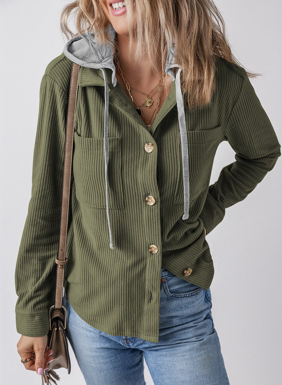 Ulrika | Women's Textured Oversized Hooded Casual Jacket in Olive Green