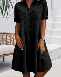 Ulrika | Women's Collared Button Front Pockets Dress in Black