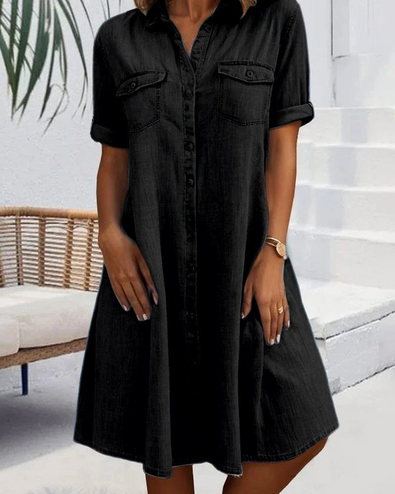 Ulrika | Women's Collared Button Front Pockets Dress in Black
