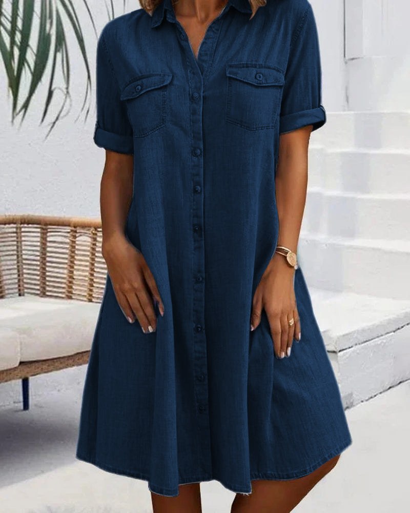 Ulrika | Women's Collared Button Front Pockets Dress in Dark Blue