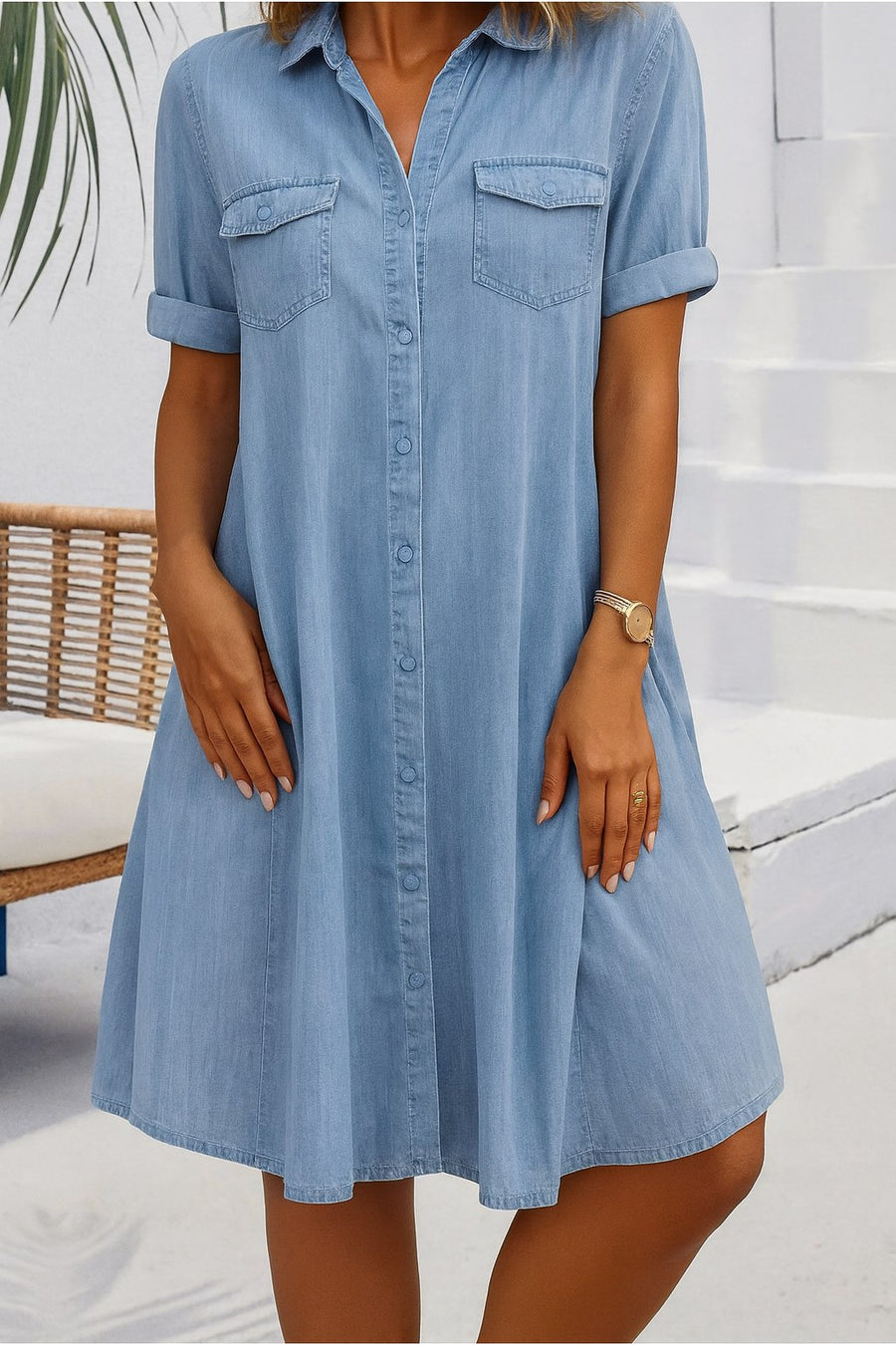 Ulrika | Women's Collared Button Front Pockets Dress in Light Blue