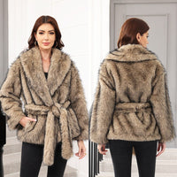 Ulrike | Women's Belted Elegant Faux Fur Coat in Brown
