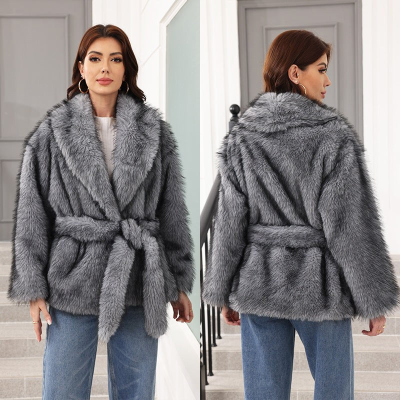 Ulrike | Women's Belted Elegant Faux Fur Coat in Dark Gray