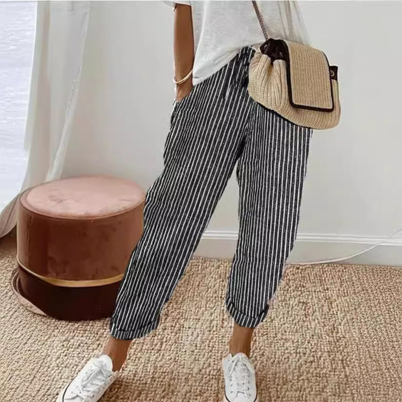 Una | Women's Elastic Waist Striped Pockets Casual Pants