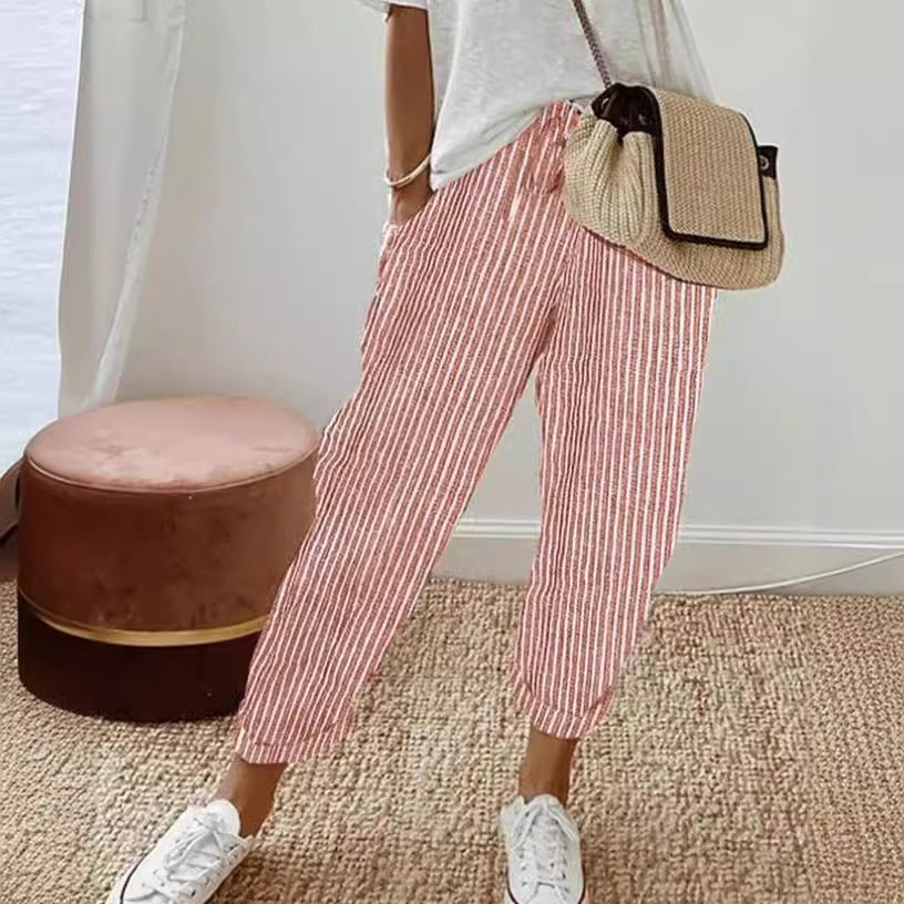 Una | Women's Elastic Waist Striped Pockets Casual Pants