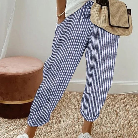 Una | Women's Elastic Waist Striped Pockets Casual Pants