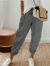 Una | Women's Elastic Waist Striped Pockets Casual Pants in Black