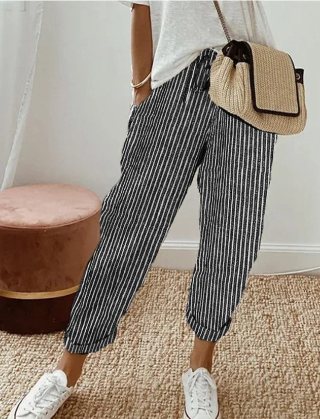 Una | Women's Elastic Waist Striped Pockets Casual Pants in Black