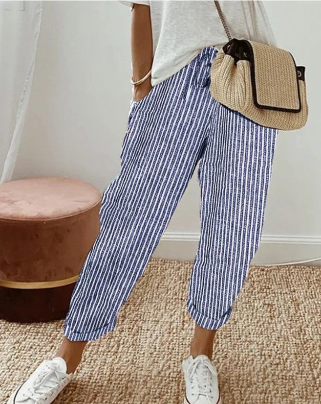 Una | Women's Elastic Waist Striped Pockets Casual Pants in Blue