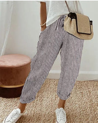 Una | Women's Elastic Waist Striped Pockets Casual Pants in Gray