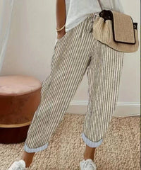Una | Women's Elastic Waist Striped Pockets Casual Pants in Khaki