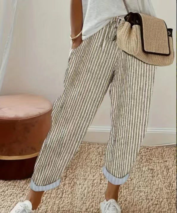 Una | Women's Elastic Waist Striped Pockets Casual Pants in Khaki