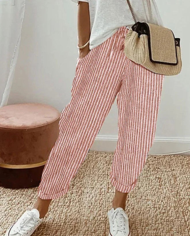 Una | Women's Elastic Waist Striped Pockets Casual Pants in Red
