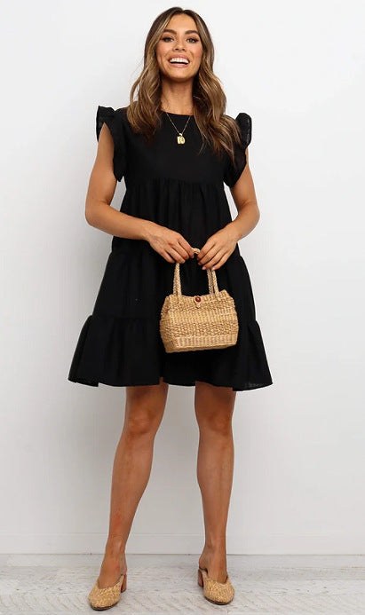Una | Women's Ruffle Detail Tailored Casual Dress in Black