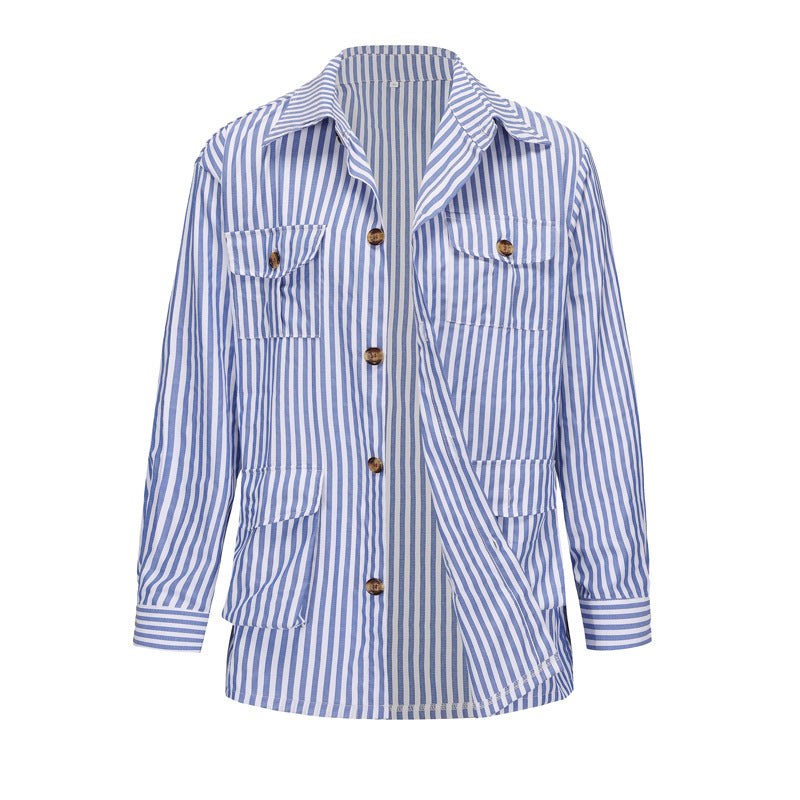 Ursula | Women's Striped Pockets Fashionable Casual Jacket in Blue