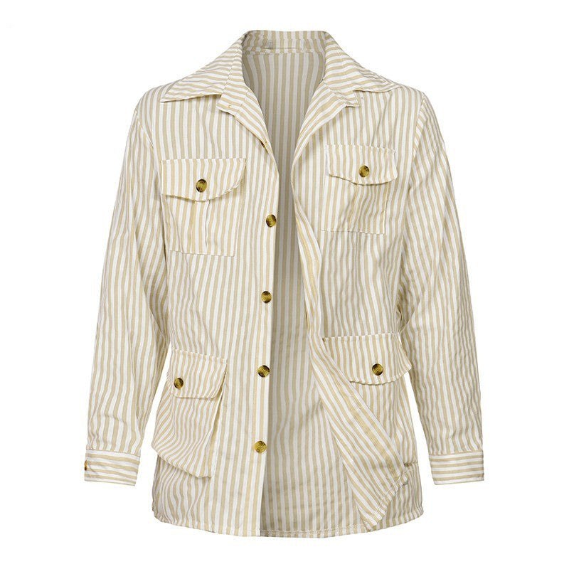 Ursula | Women's Striped Pockets Fashionable Casual Jacket in Khaki