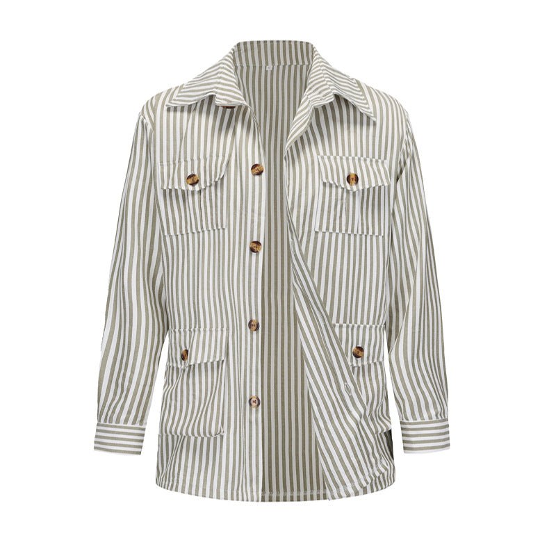 Ursula | Women's Striped Pockets Fashionable Casual Jacket in Olive Green