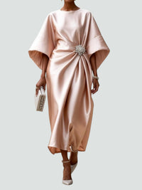 Ursula | Women's Draped Midi Batwing Sleeve Dress in Beige
