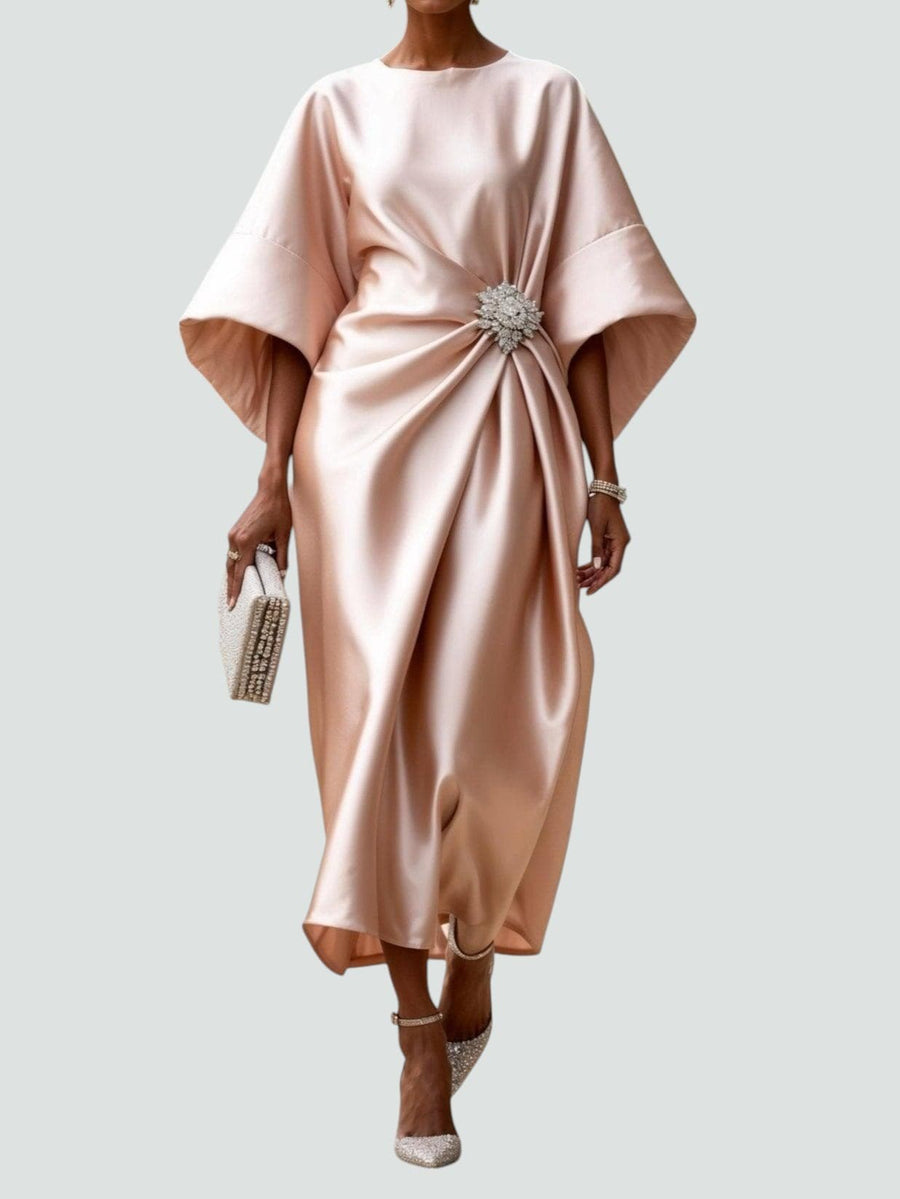 Ursula | Women's Draped Midi Batwing Sleeve Dress in Beige