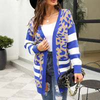 Ursula | Women's Leopard Print Striped Knit Modern Cardigan in Blue