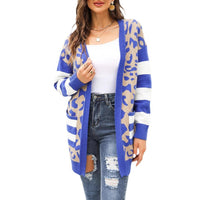 Ursula | Women's Leopard Print Striped Knit Modern Cardigan in Blue