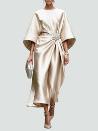 Ursula | Women's Draped Midi Batwing Sleeve Dress in Khaki