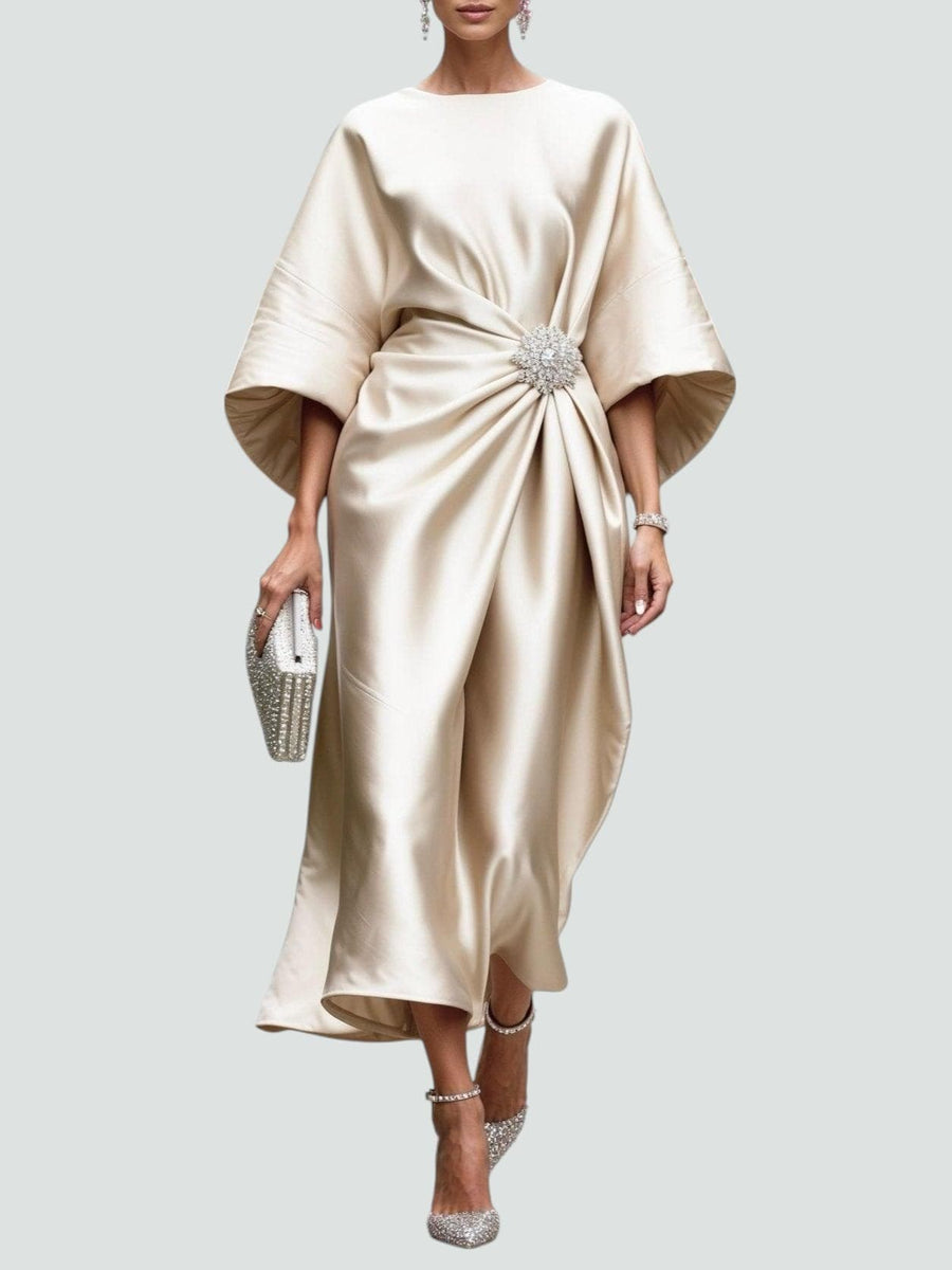Ursula | Women's Draped Midi Batwing Sleeve Dress in Khaki