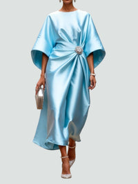 Ursula | Women's Draped Midi Batwing Sleeve Dress in Light Blue