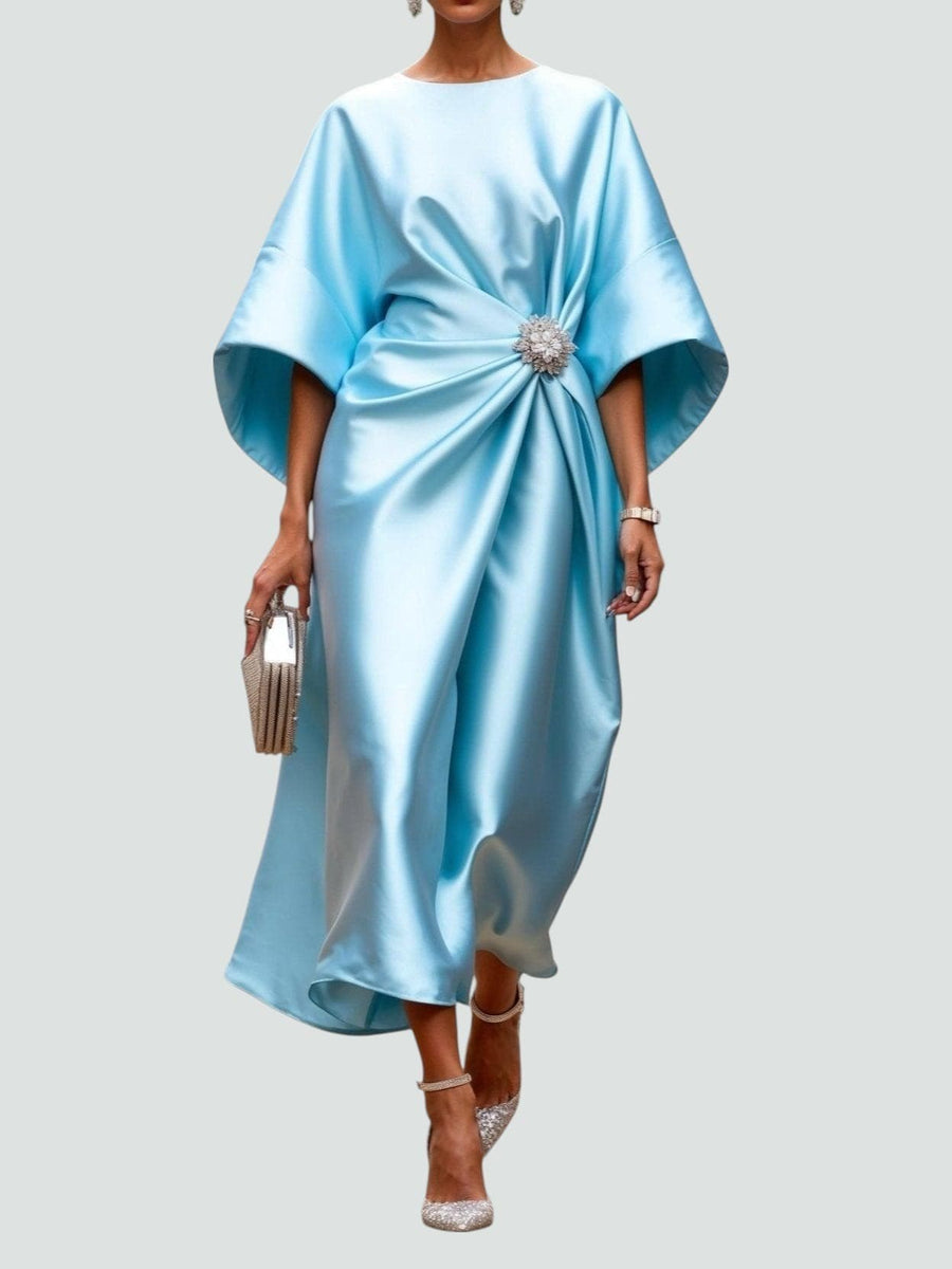 Ursula | Women's Draped Midi Batwing Sleeve Dress in Light Blue
