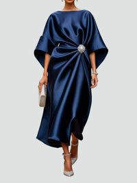 Ursula | Women's Draped Midi Batwing Sleeve Dress in Navy