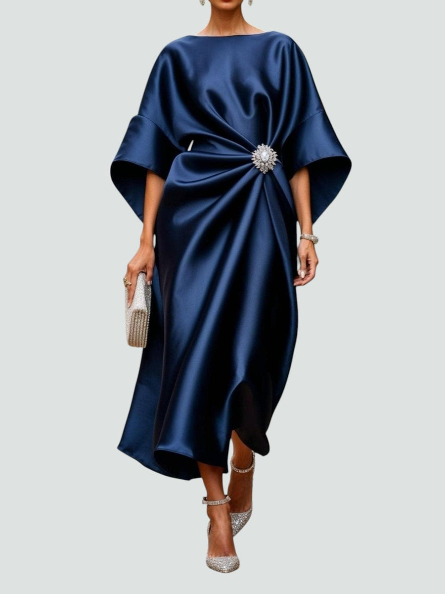 Ursula | Women's Draped Midi Batwing Sleeve Dress in Navy