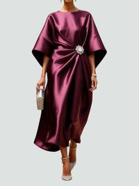 Ursula | Women's Draped Midi Batwing Sleeve Dress in Red