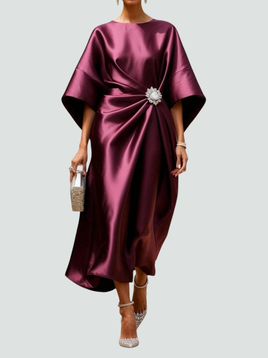 Ursula | Women's Draped Midi Batwing Sleeve Dress in Red