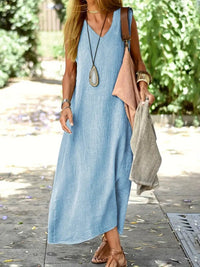 Valeria | Women's V-Neck Sleeveless Midi Sundress in Blue
