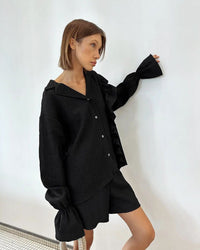 Valerie | Women's Ruffle Detail Short Sleeve Casual Pajama Set in Black