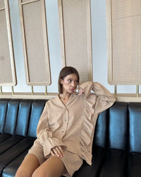 Valerie | Women's Ruffle Detail Short Sleeve Casual Pajama Set in Khaki