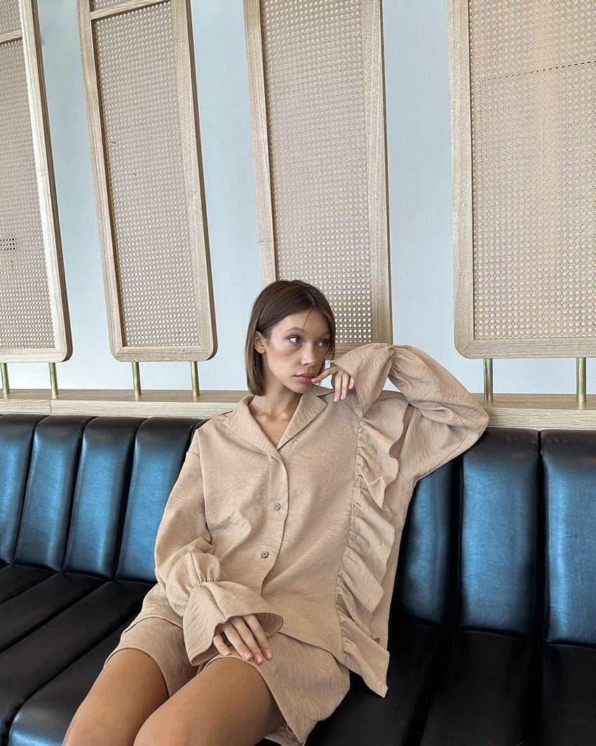 Valerie | Women's Ruffle Detail Short Sleeve Casual Pajama Set in Khaki