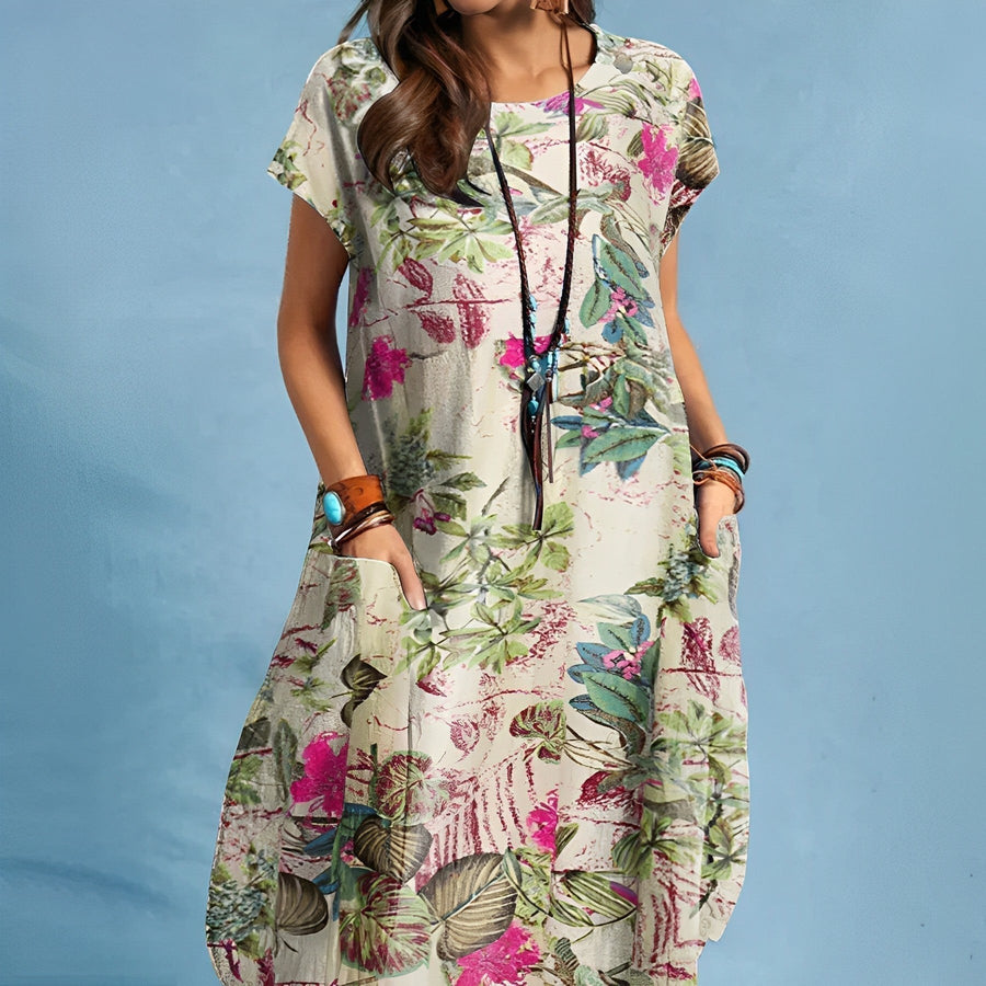 Valerie | Women's Floral Pocket Loose Silhouette Midi Dress in Red