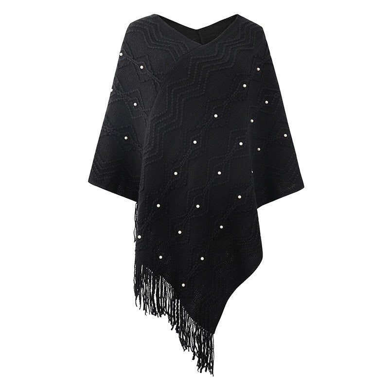 Valeska | Women's Fringe Elegant Poncho in Black