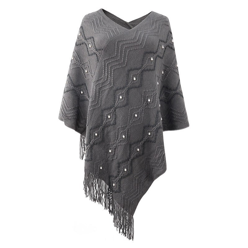 Valeska | Women's Fringe Elegant Poncho in Gray