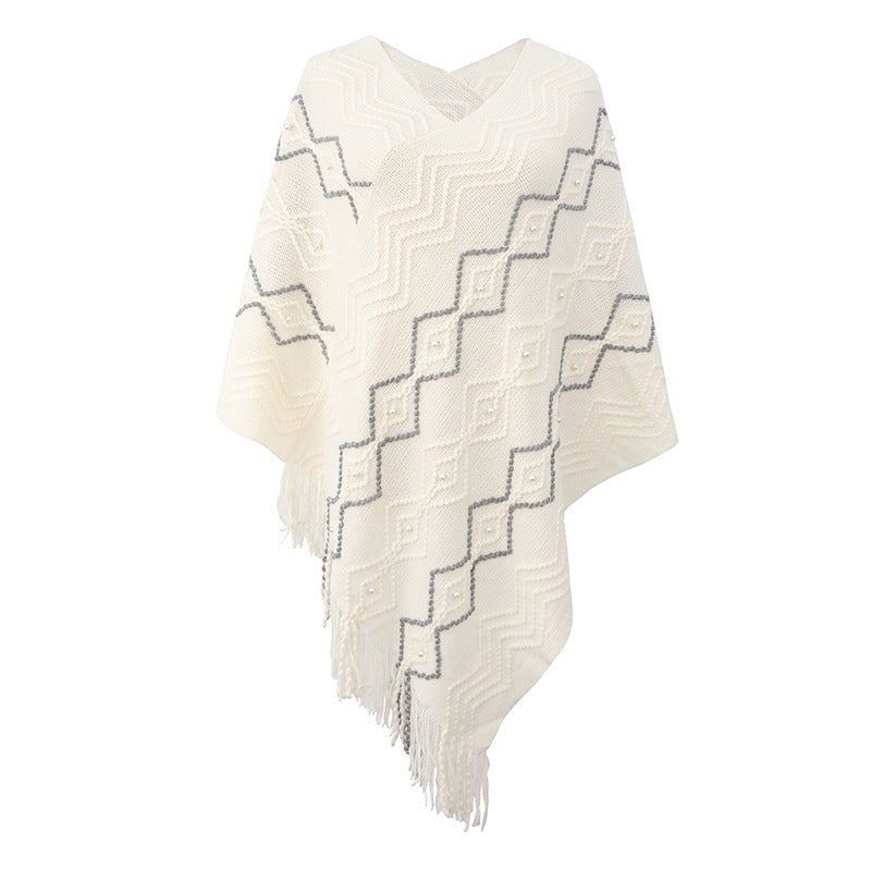 Valeska | Women's Fringe Elegant Poncho in Off White