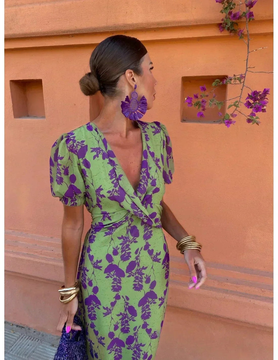Vanessa | Women's Floral Print Design Maxi Dress in Green