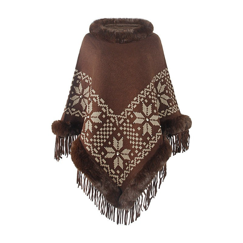 Vanina | Women's Faux Fur Fringe Elegant Poncho in Brown