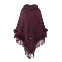 Vanina | Women's Faux Fur Fringe Elegant Poncho in Burgundy