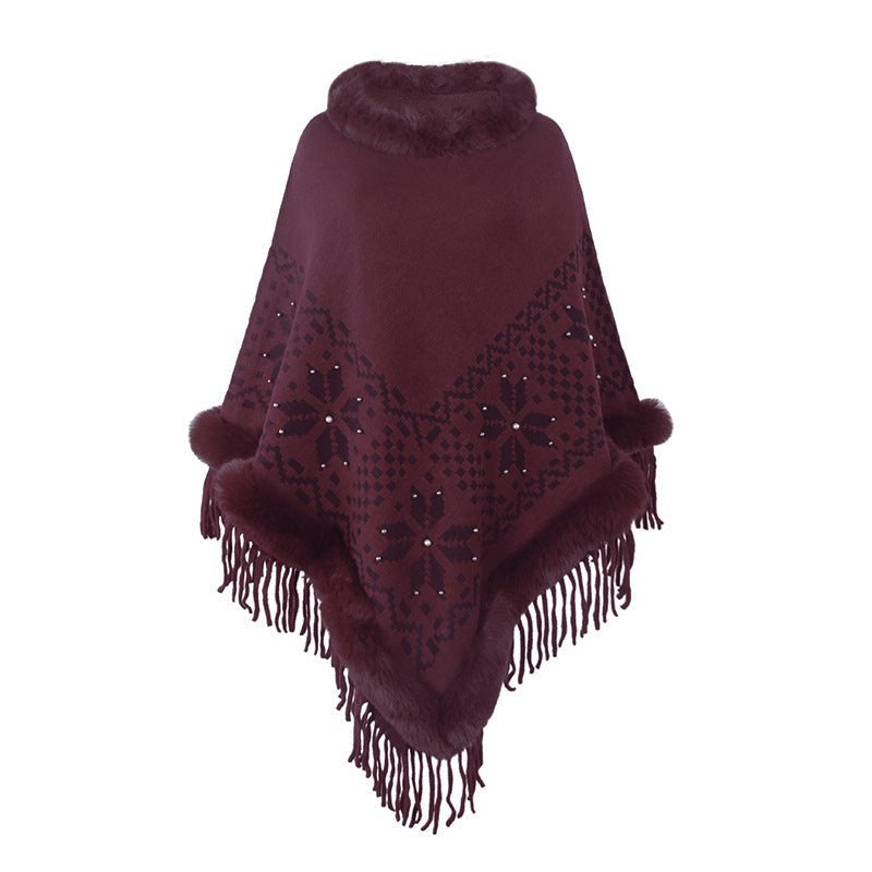 Vanina | Women's Faux Fur Fringe Elegant Poncho in Burgundy