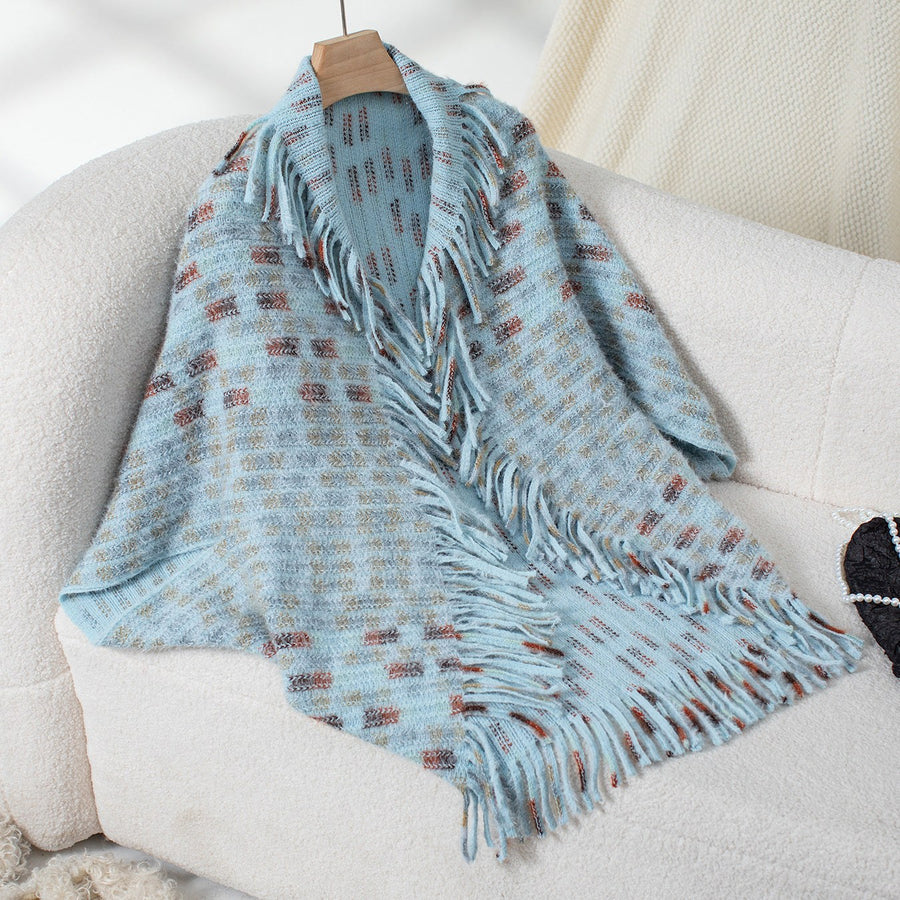 Varinia | Women's Plaid Elegant Modern Poncho in Blue